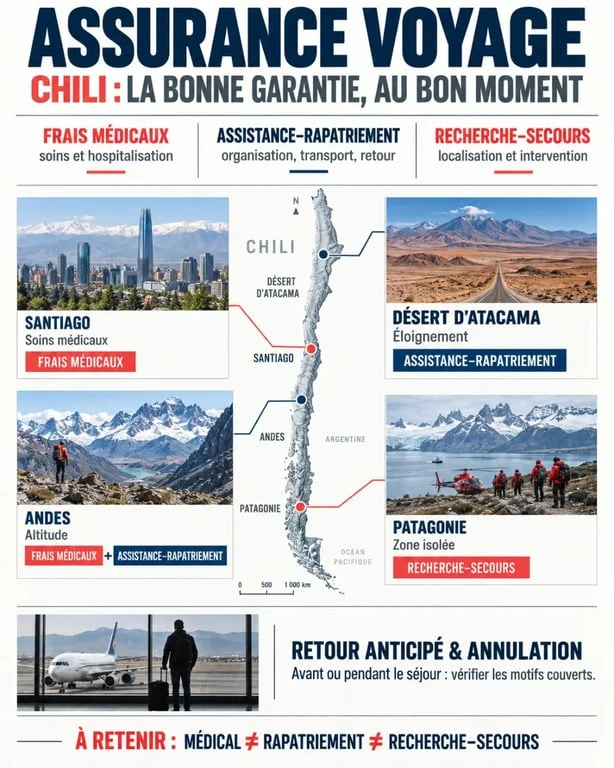 Infographie sur l’assurance voyage Chili et les garanties selon les risques du séjour