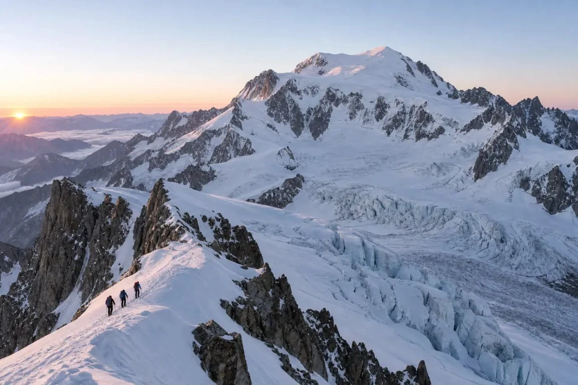 Ascension du mont Blanc sur une arête glaciaire au lever du jour