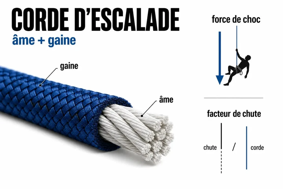 Schéma escalade corde : âme, gaine, force de choc et facteur de chute