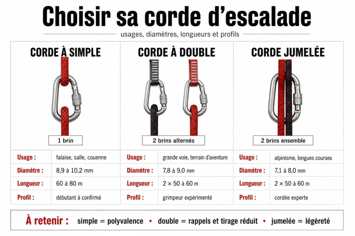Comparatif escalade corde : types de corde, diamètre, longueur et usage