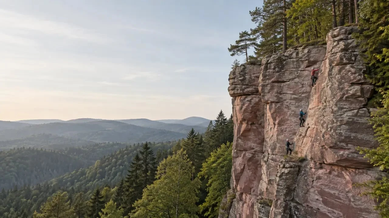 Escalade en Alsace sur une falaise de grès des Vosges