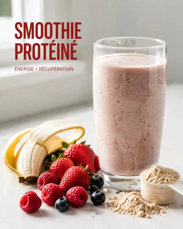 Smoothie protéine sport aux fruits et whey servi dans un verre, vue rapprochée