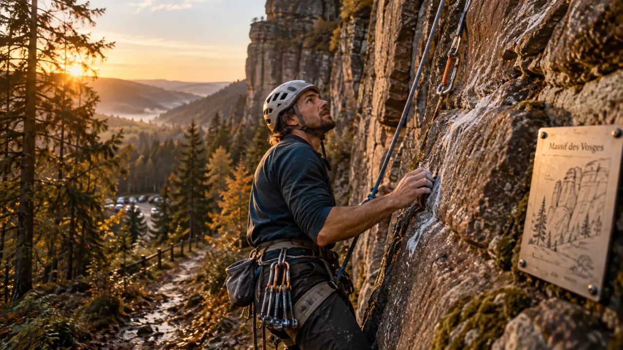 Escalade en Alsace sur falaise des Vosges, grimpeur en golden hour