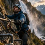 Via ferrata de la cascade de bérard : grimpeur avec casque tenant le câble, paroi humide