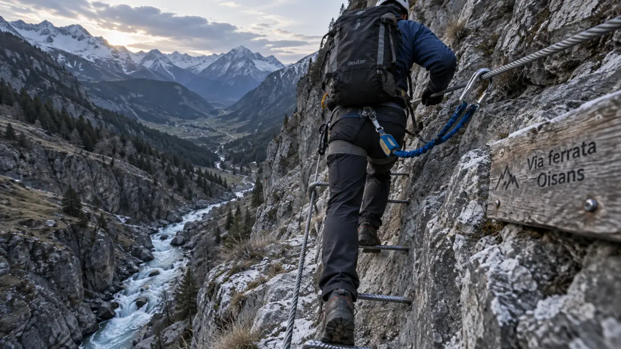Photo via ferrata oisans : câble et barreaux alpins, harnais visible