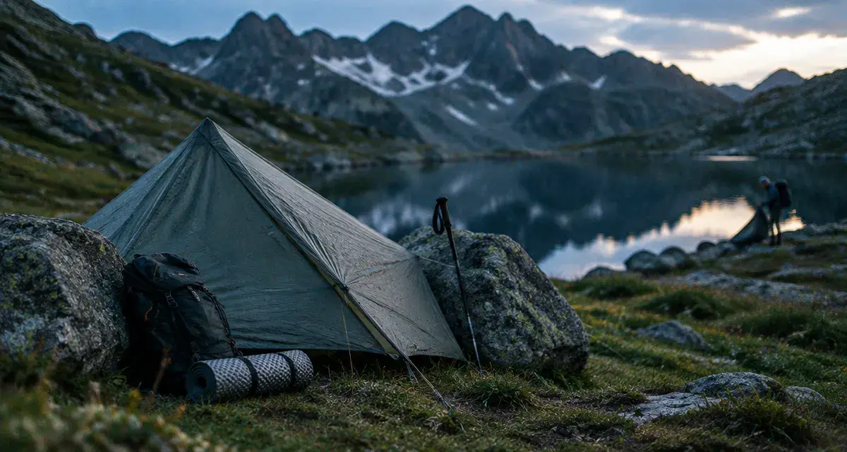 Bivouac pyrénées au lac d’altitude, tente au bord du lac