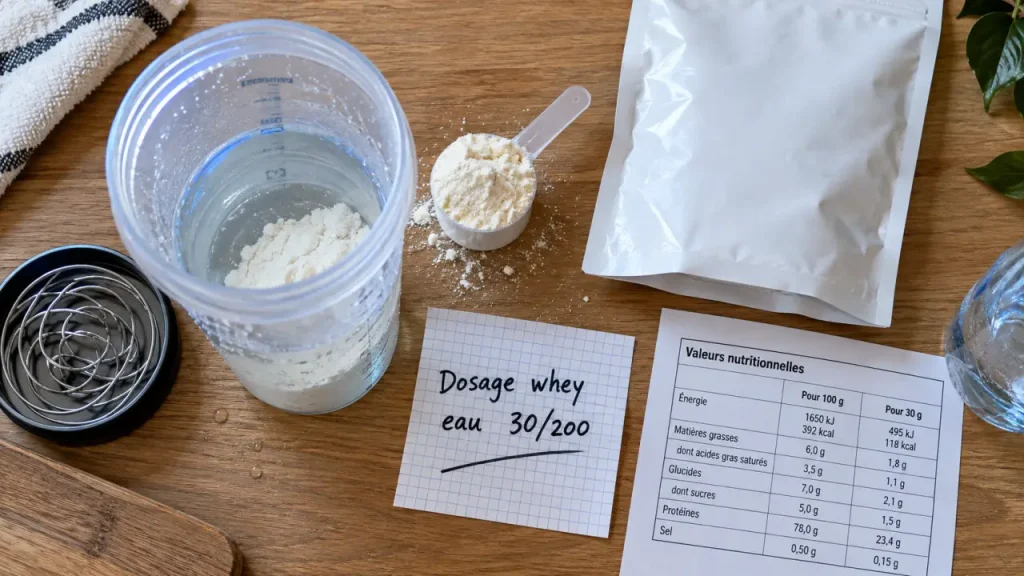 Dosage whey eau : 30 g de poudre pour 200 ml, puis ajustez la texture