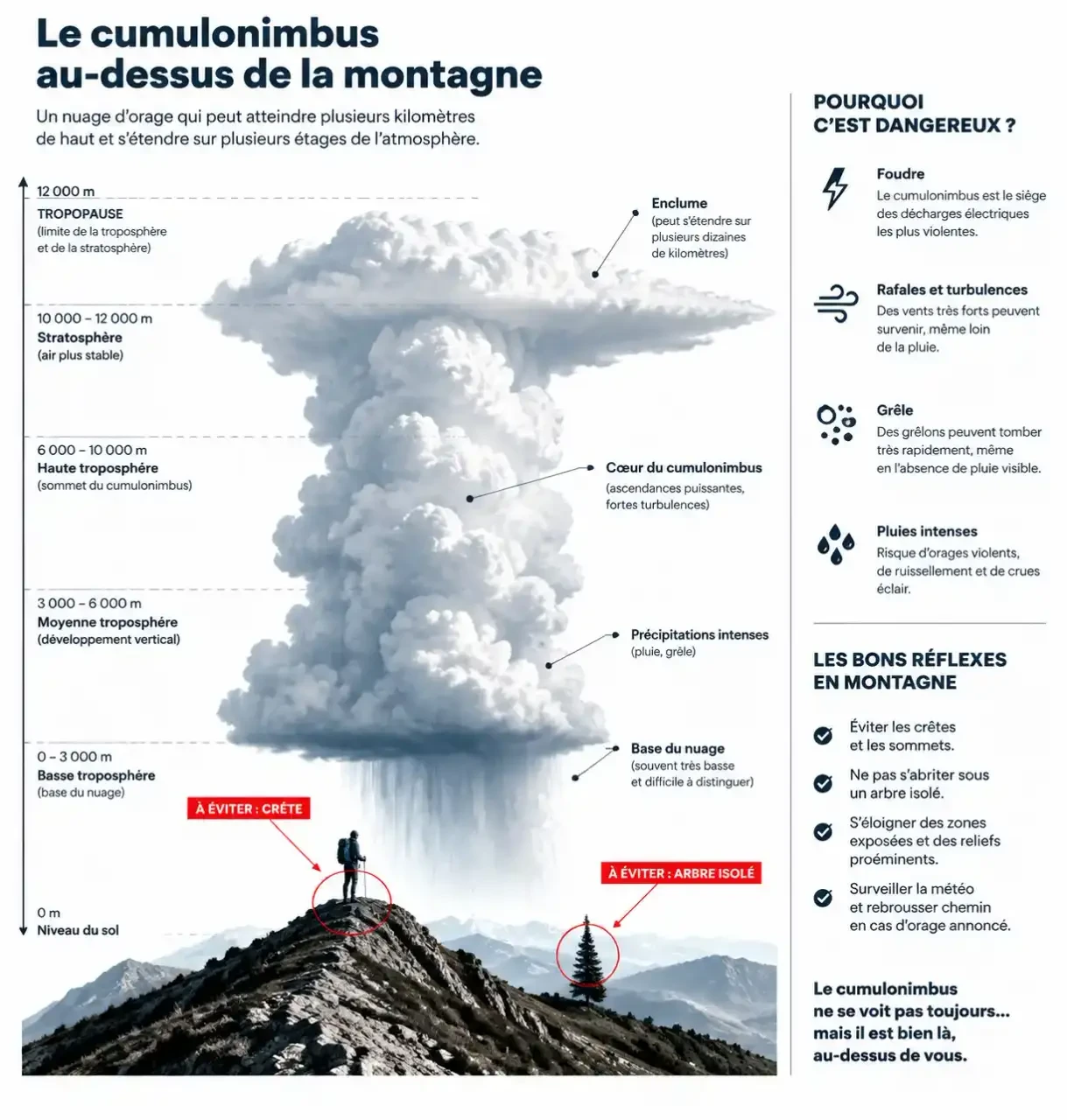 Schéma d'un cumulonimbus au-dessus d'une crête : danger d'orage pour la météo rando en montagne