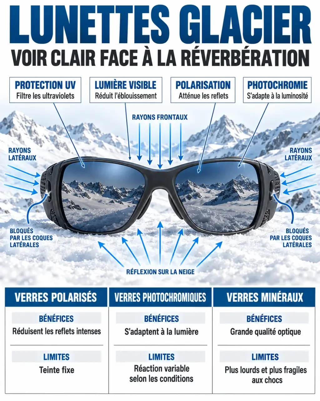 Infographie sur les lunettes glacier, la protection UV, les coques latérales et les types de verres