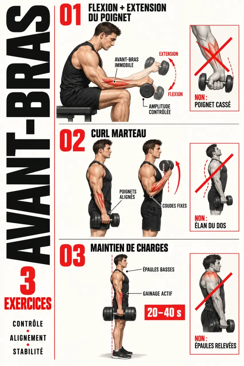 Comment muscler avant bras avec des exercices de poignet, curl marteau et maintien de charges