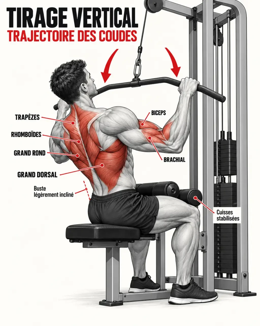 Schéma anatomique des muscles sollicités pendant les tirages verticaux