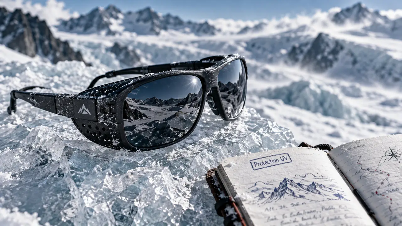 Lunette glacier catégorie 4 avec caches latéraux sur un glacier neigeux