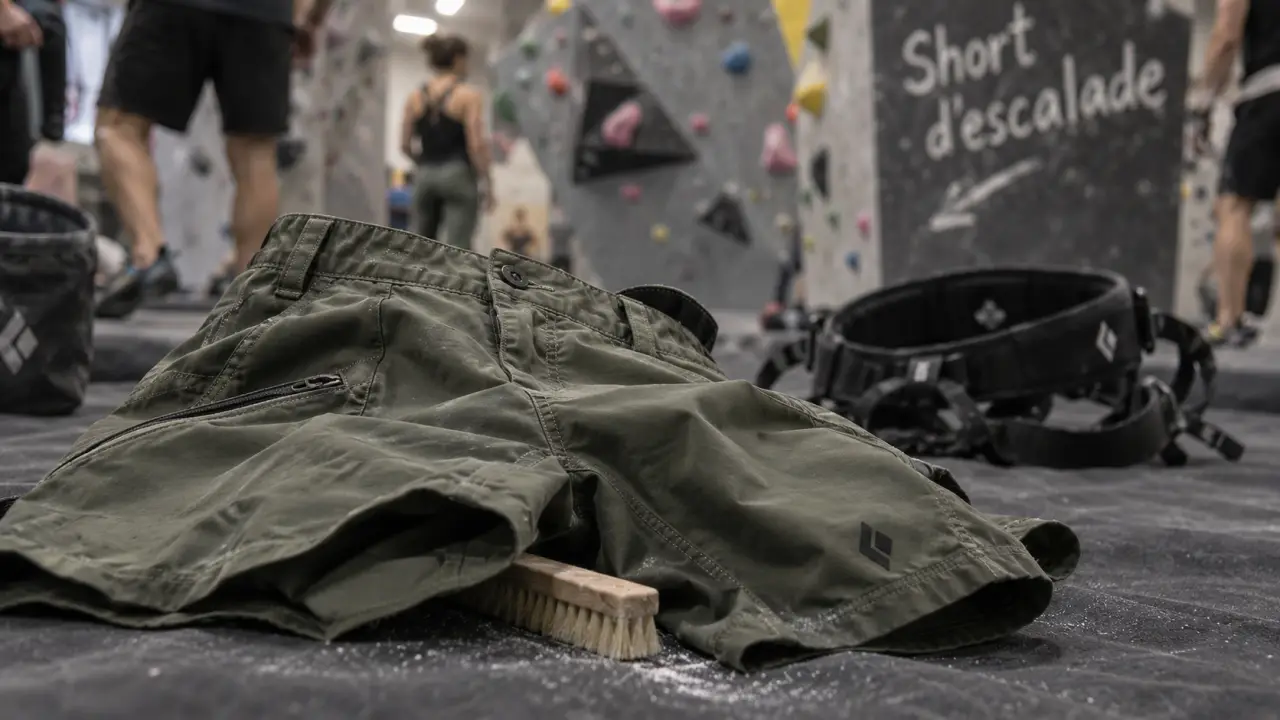 short escalade confortable sous le baudrier, gros plan en salle